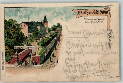 04668 O7240 Grimma 1902 Lithographie Gasthaus zur Terrasse