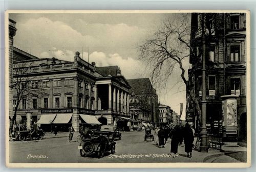 Breslau Wroclaw 1937 Foto AK Litfaßsäule Auto Schweidnitzer Straße Stadttheater