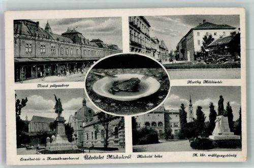 Miskolc Foto AK Denkmal Geschäft Straße