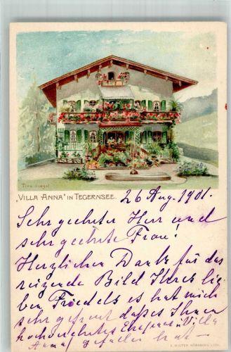 83684 W8180 Tegernsee 1901 Lithographie / Künstlerkarte Pension Villa Anna Garten Springbrunnen sign. T. Riegel