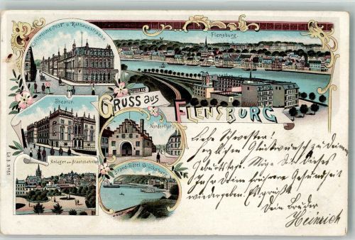 24937 W2390 Flensburg 1899 Lithographie Theater Kaiserl. Post Rathausstrasse Nordertor Strand-Hotel Glücksburg
