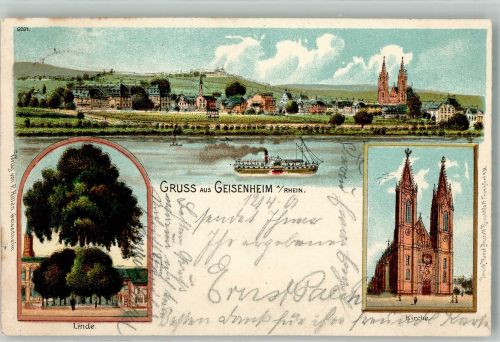 65366 W6222 Geisenheim , Rheingau 1901 Lithographie Geisenheimer Linde Rheingauer Dom Rhein-Salondampfer