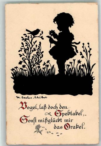 Scherenschnitt Kind Vogel Sachse-Schubert, M. Künstlerkarte