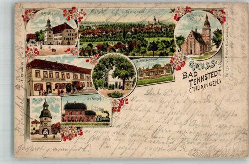 99955 O5822 Bad Tennstedt 1900 Lithographie Rathaus Gasthaus zum Anker Osthöfer Tor St. Trinitatis-Kirche Schwefelbad