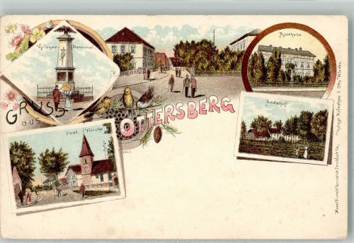 85652 W8011 Ottersberg Lithographie Kriegerdenkmal Ev. Kirche Apotheke Amtshof Vögel