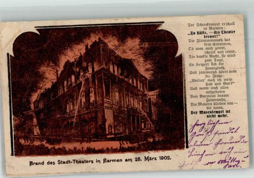 W5600 Barmen Brand des Stadttheaters in Barmen 25. März 1902 Gedicht beschnitten Feuer 1902 Gebrauchsspuren