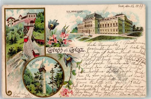 8010 Graz 1899 Gebrauchsspuren Bergbahn Schlossbergbahn Hilmwarte K.k.Universität Lithographie Leim löst sich