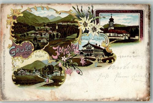 83676 W8171 Jachenau Lithographie Pfarrkirche Höfe Laich Gasthaus Orterer