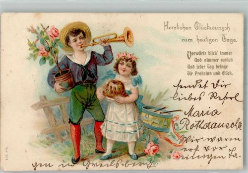Zum heutigen Tag Kinder Trompete Kuchen Glückwunsch 1906 Prägedruck