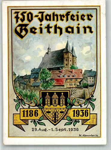 04643 O7230 Geithain 1936 Gebrauchsspuren Künstlerkarte 750 Jahrfeier von Geithain 1936 Stadtwappen signiert Leim löst sich