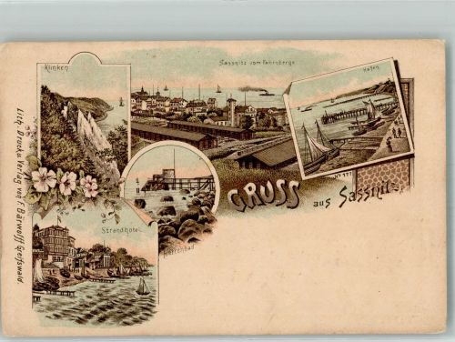 18546 O2355 Sassnitz Gebrauchsspuren Lithographie Vorläufer Klinken Strandhotel Herrenbad Hafen