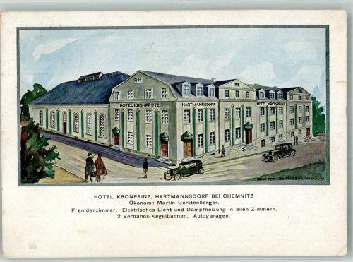 09232 O9116 Hartmannsdorf b Chemnitz, Sachs Gebrauchsspuren Künstlerkarte Hotel Kronprinz sign. Perl Passepartout Erh. II Einriß und Stauchung