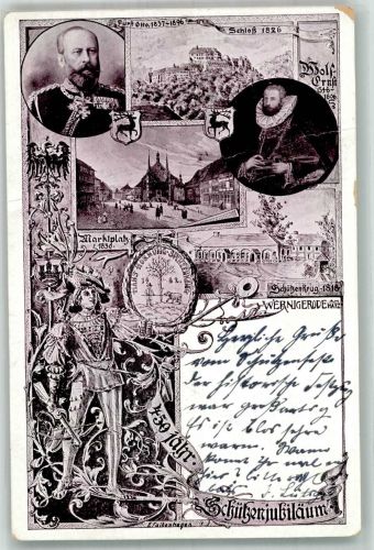 38855 O3700 Wernigerode 1901 Gebrauchsspuren Künstlerkarte 450 jähr. Schützenjubiläum Werningerode Protektor Fürst Otto und Wolf-Ernst zu Stollberg Marktplatz Schützenkrug leichter Mittelbug