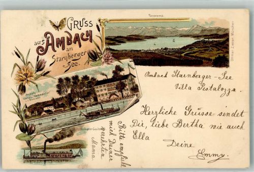 82541 W8190 Ambach , Starnberger See 1909 Lithographie Schmetterling Starnberger See Dampfer Luitpold Gasthaus zum Fischmeister Verlag Ottmar Zieher-München