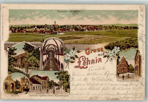 14797 O1804 Lehnin 1901 Gebrauchsspuren Lithographie Klosterkirche Mönchsallee Ruine Königshaus Gasthaus zur Post Erh. II- Riss