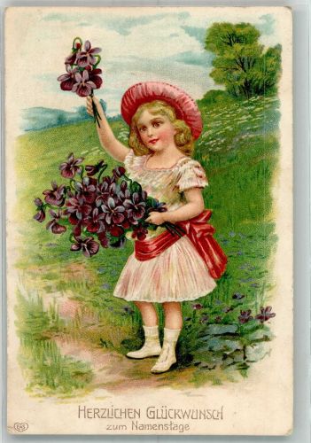 Glückwunsch Mädchen Veilchen EAS Namenstag 1910 Prägedruck