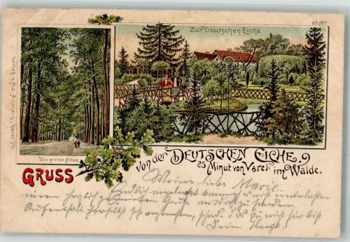 26316 W2930 Varel , Jadebusen 1898 Lithographie Gasthaus zur Deutschen Eiche Die grosse Allee