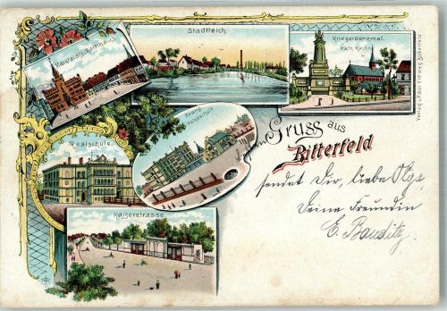 06749 O4400 Bitterfeld 1906 Gebrauchsspuren Lithographie Marktplatz Rathaus Realschule Kaiserstrasse Kriegerdenkmal