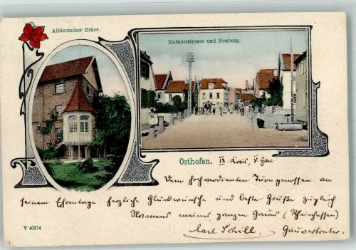 67574 W6522 Osthofen , Rheinhess 1905 Gebrauchsspuren Mainzerstrasse Neuberg Haus mit altdeutschen Erker