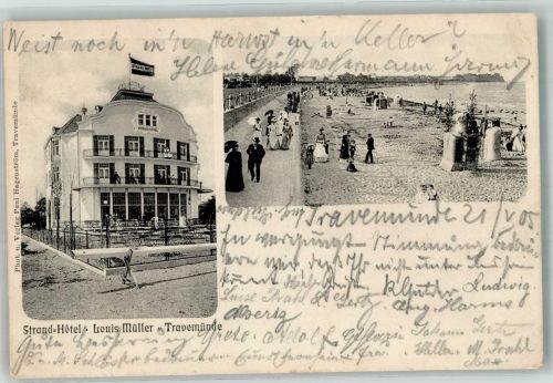 23552 W2401 Travemünde 1905 Gebrauchsspuren Strandhotel Müller Strand Bahnpost Lübeck-Travemünde Zug 35 Stauchung Foto AK