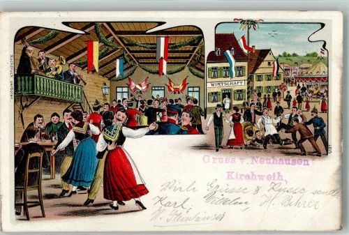 72555 W7430 Neuhausen an der Erms 1905 Lithographie Volksfest Neuhausener Kirchweih Festrplatz Festzelt Musikapelle