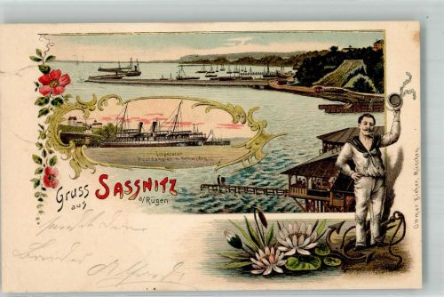 18546 O2355 Sassnitz 1905 Gebrauchsspuren Lithographie Hafen Seemann Postdampfer Imperator Stauchung