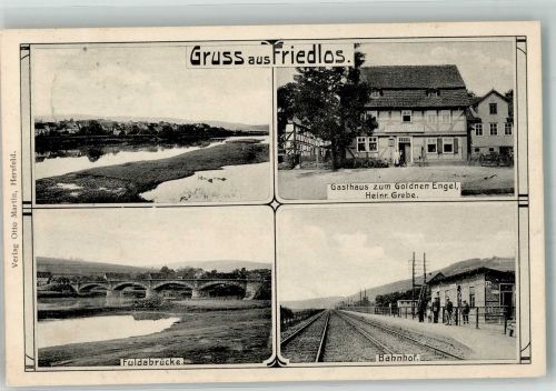 36251 W6438 Friedlos 1911 Gebrauchsspuren Fuldabrücke Gasthaus zum Goldnen Engel Bahnhof