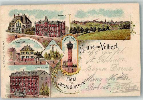 42549 W5620 Velbert 1901 Gebrauchsspuren Lithographie Hotel Stüttgen Neue Post Rathaus Wasserturm beschnitten