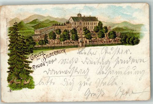 99084 O5101 Möbisburg-Rhoda 1903 Gebrauchsspuren Lithographie Gasthaus Etablissement Silberblick Gartenwirtschaft RS. Stempel Theater-Verein Olympia Erfurt
