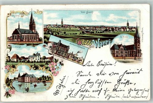 44623 W4690 Wanne 1900 Gebrauchsspuren Lithographie Soolbad Wilhelmsquelle Schloss Grimberg Ev. Kirche Kath. Kirche Stauchung