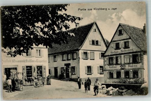 74592 W7184 Kirchberg an der Jagst 1916 Gebrauchsspuren Dorfstrasse Sattlerei Gasthaus-Brauerei Hinderer