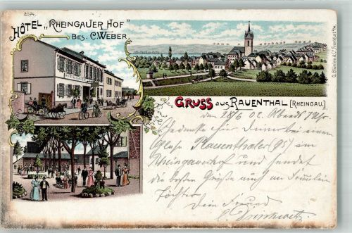 65343 W6228 Rauenthal , Rheingau 1902 Gebrauchsspuren Lithographie Hotel Rheingauer Hof Erh. II- Stauchung + Briefmarke entfernt