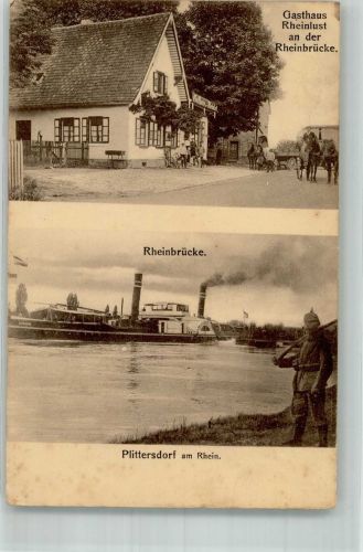 76437 W7550 Plittersdorf , Oberrhein 1918 - Gasthaus Rheinlust Rheinbrücke Frachtdampfer Soldat mit Pickelhaube