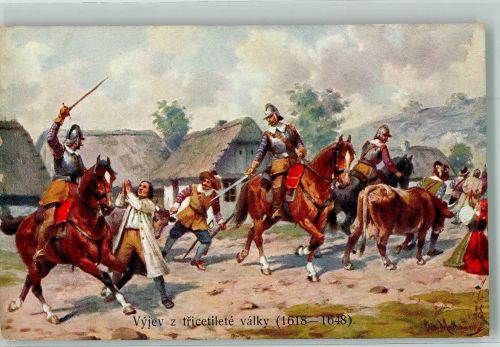 sign. Mathauser J. Soldaten plündern 30jähriger Krieg 1618-1648 Künstlerkarte