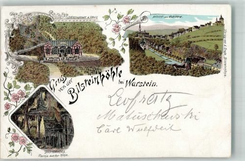 59581 W4788 Warstein 1897 Gebrauchsspuren Lithographie Bilsteinhöhle Gasthaus Grafe Stauchung