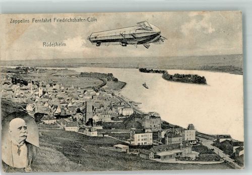 65385 W6220 Rüdesheim am Rhein 1909 Gebrauchsspuren Luftschiff Zeppelin über Rüdesheim Zeppelin Fernfahrt Friedrichshafen-Köln Portrait Graf Zeppelin Leim löst sich