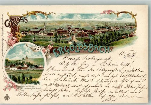 84061 W8305 Ergoldsbach 1897 Gebrauchsspuren Lithographie Hinter den Bergen Lourdes-Agatha-Kapelle