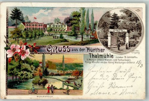 50354 W5030 Hürth , Rheinl 1901 Gebrauchsspuren Lithographie Gasthaus Etablissement Hürther Thalmühle Garteneingang Mühlenteich Erh. II-Riss + Stauchungen