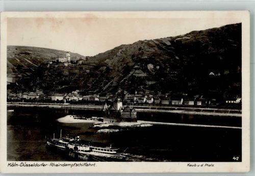 W5425 Kaub Raddampfer der Köln-Düsseldorfer Dampfschiffahrtgesellschaft vor Burg Pfalzgrafenstein Rheinschiff 1933 Foto AK