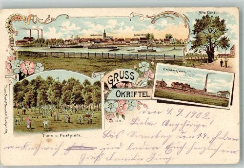 65795 W6234 Okriftel 1902 Gebrauchsspuren Lithographie Zellulosefabrik Turn- und Festplatz Alte Dorfeiche