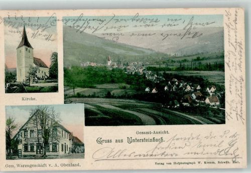 74629 W7114 Untersteinbach , Württ 1905 - Dorfkirche Gemischtwaren Obenland