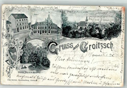 01665 O8251 Groitzsch b Meißen, Sachs 1898 - Post Rathaus Groitzscher Berg Wilprechtsburg Wappen