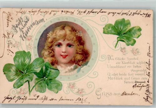 Portrait eines blonden Mädchens Jugendstil Glückskleeblatt 1901 Lithographie / Künstlerkarte