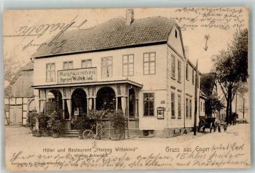 32130 W4904 Enger , Westf 1902 Foto AK Gasthaus Herzog Wittekind Fahrrad