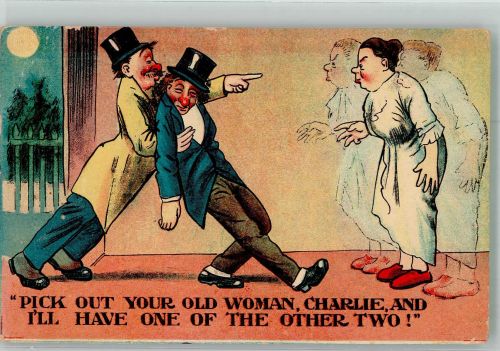 Betrunkene Männer werden von ihren aufgebrachten Frauen empfangen Trinker 1915 Künstlerkarte