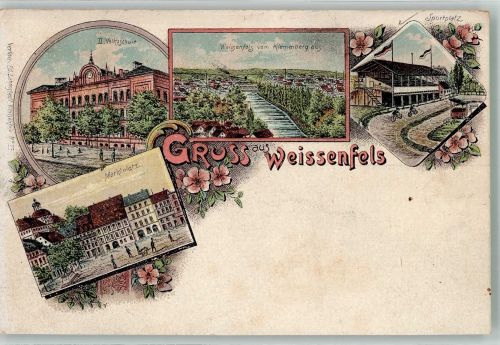 06667 O4850 Weißenfels , Saale Lithographie Marktplatz Volksschule II Sportplatz