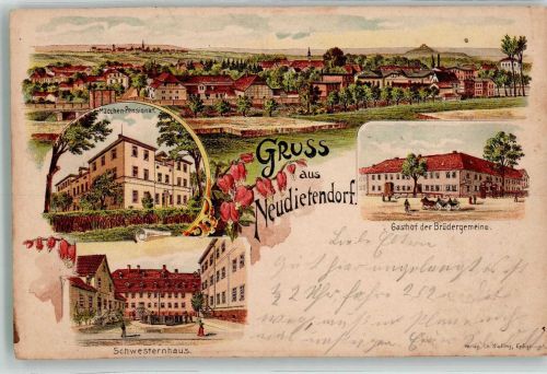 99192 O5103 Neudietendorf 1902 Lithographie Mädchenpensionat Gasthaus der Bürgergemeinde Schwesternhaus