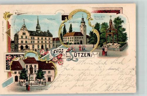 06686 O4854 Lützen 1900 Lithographie Rathaus Altes Schloss Gustav Adolf-Denkmal Siegesdenkmal Verlag Ottmar Zieher-München