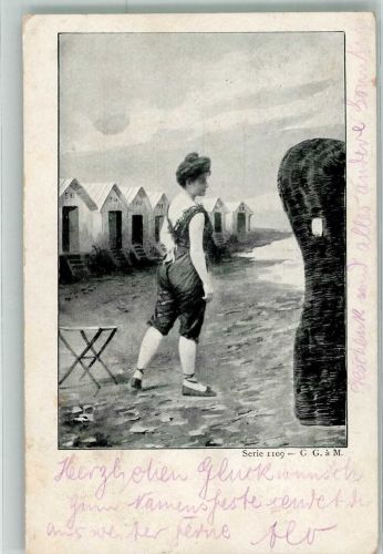 Junge Frau vor Badekarren am Strand Bademode 1901 Lithographie / Künstlerkarte