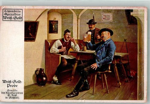 sign. Reck Weiß-Gold-Probe Männer beim Löwenbräu-Bier im Gasthaus Brauerei Künstlerkarte
